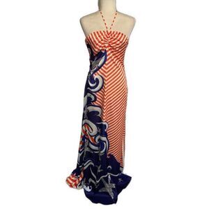 Balizza New Red White Blue Striped Starfish Halter Strapless Maxi Dress 38 Small